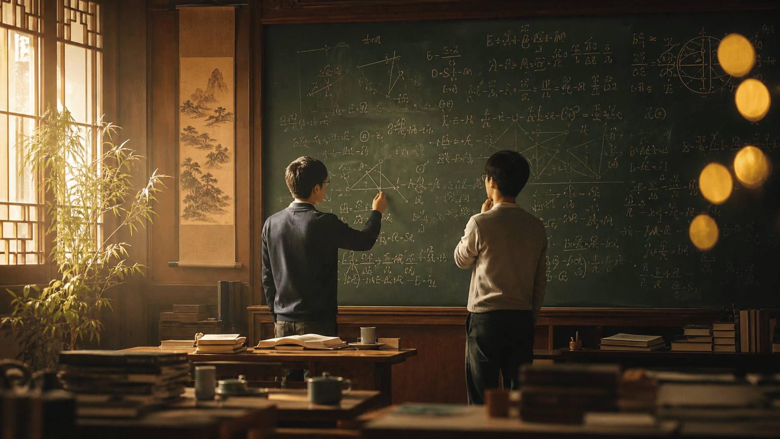 Academic mathematics discussion at a chalkboard